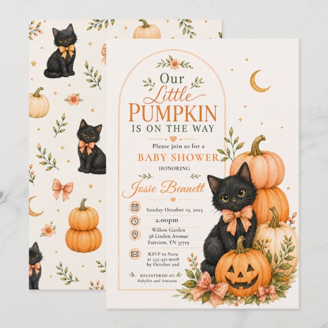 Vår lilla pumpa Halloween-barnkal Katt Inbjudningar (Fram/baksida)