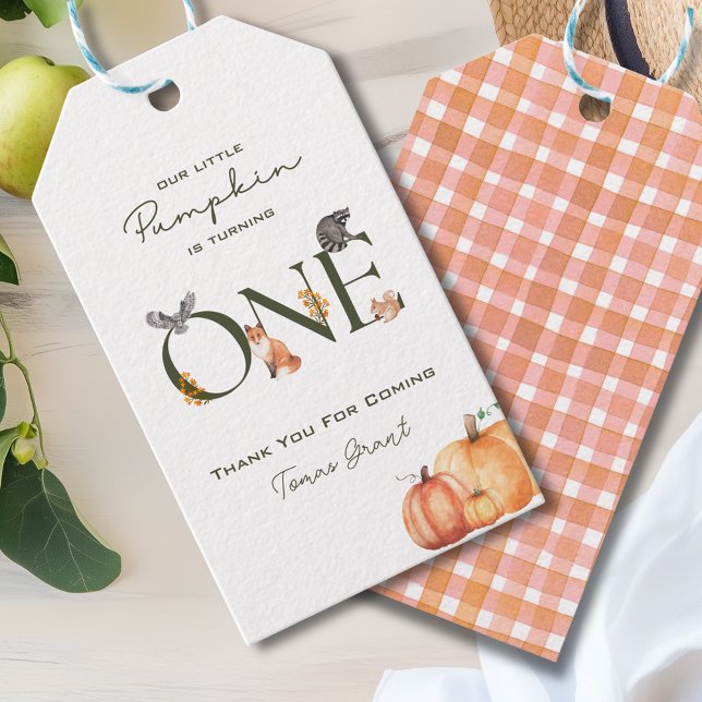 Vår lilla Pumpkin 1:a Birthday Tack Gift-Märkre Presentetikett (Our Little Pumpkin 1st Birthday Thank You Gift Tag
)