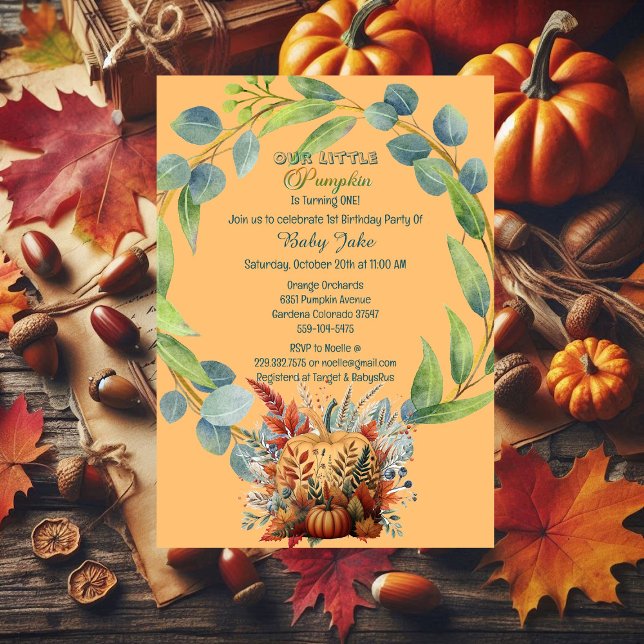 Vår lilla Pumpkin 1:a födelsedag, Orange för andni Inbjudningar (Our Little Pumpkin 1st Birthday Fall Wreath Orange Invitation)
