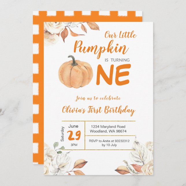 Vår lilla Pumpkin 1:a födelsedagsinbjudan Inbjudningar (Fram/baksida)