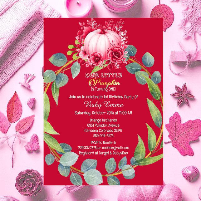 Vår lilla Pumpkin 1:a Grönten på födelsedagen, Ros Inbjudningar (Our Little Pumpkin 1st Birthday Green Wreath Pink Invitation)