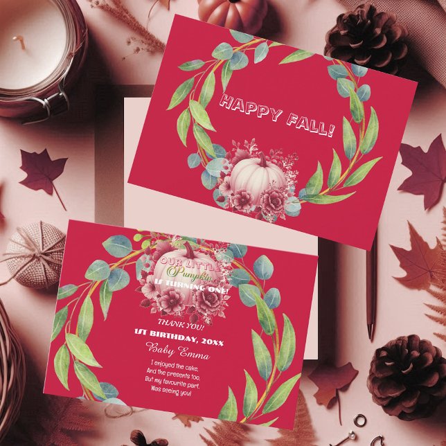 Vår lilla Pumpkin 1:a Grönten på födelsedagen, Ros Tack Kort (Our Little Pumpkin 1st Birthday Green Wreath Pink Thank You Card)