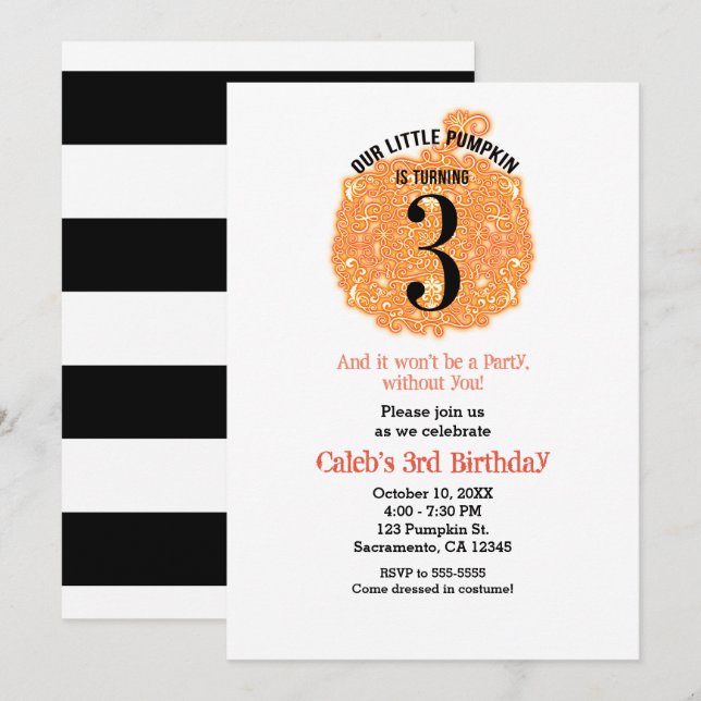 Vår lilla Pumpkin 3:e födelsedag Party Inbjudningar (Fram/baksida)