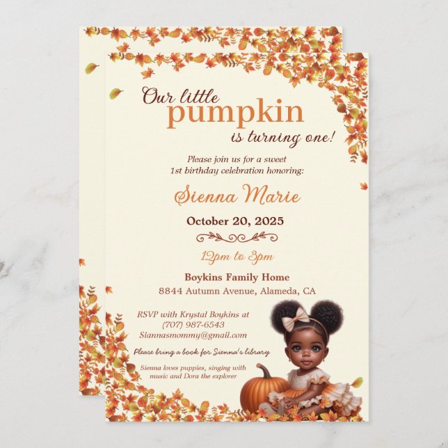 Vår lilla Pumpkin Afro Puff Flicka Birthday Inbjudningar (Fram/baksida)