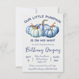 Vår lilla Pumpkin är på väg, blå babyskor Inbjudningar