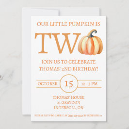 Vår lilla Pumpkin är TWO, Kids Födelsedagsfest Inbjudningar