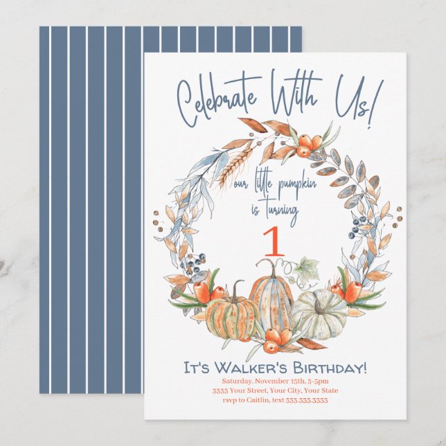 Vår lilla Pumpkin Blue First Birthday-inbjudan Inbjudningar (Fram/baksida)