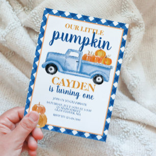 Vår lilla Pumpkin Blue lastbil Fall Birthday Inbjudningar