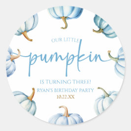 Vår lilla Pumpkin Blue White Fall Födelsedagsfest Runt Klistermärke