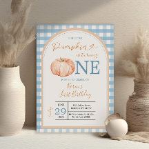 Vår lilla Pumpkin Boho Blue Gingham 1st Birthday