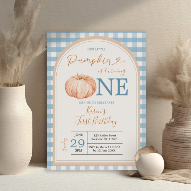 Vår lilla Pumpkin Boho Blue Gingham 1st Birthday Inbjudningar (Skapare uppladdad)