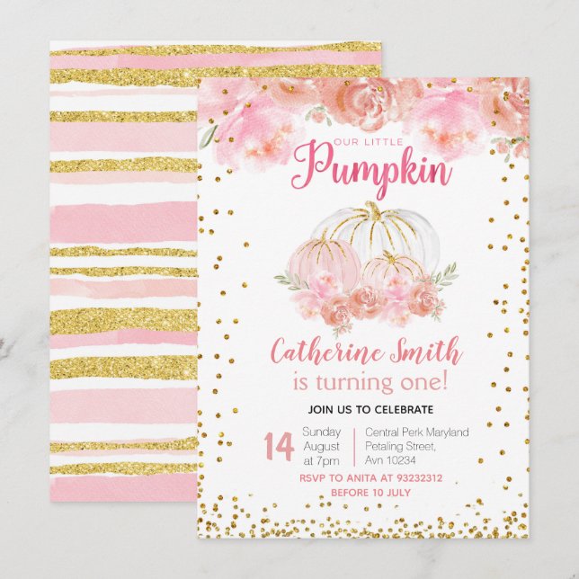 Vår lilla Pumpkin, första födelsedagen Inbjudan (Fram/baksida)