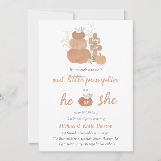 Vår lilla Pumpkin Gender Reveal Inbjudan (Framsida)