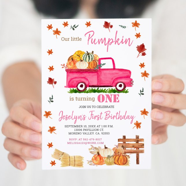 Vår lilla Pumpkin Girl First Birthday Rosa Lastbil Inbjudningar (Skapare uppladdad)