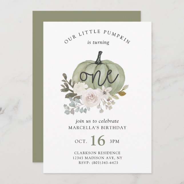 Vår lilla Pumpkin-inbjudan om fallande Blommigt Inbjudningar (Fram/baksida)