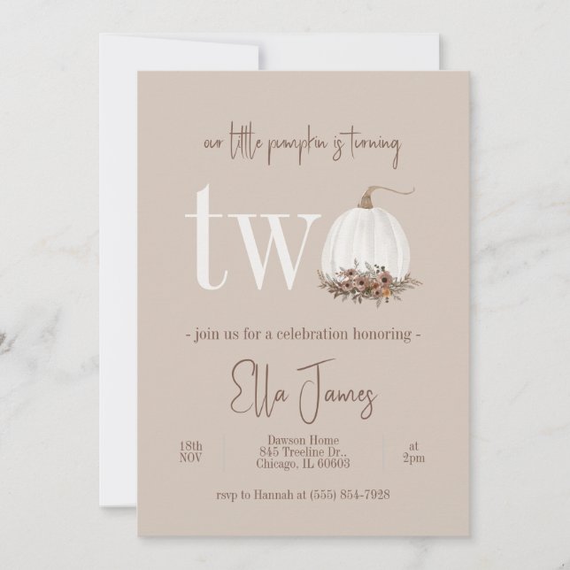 Vår lilla Pumpkin-inbjudan till andra födelsedagen Inbjudningar (Framsida)