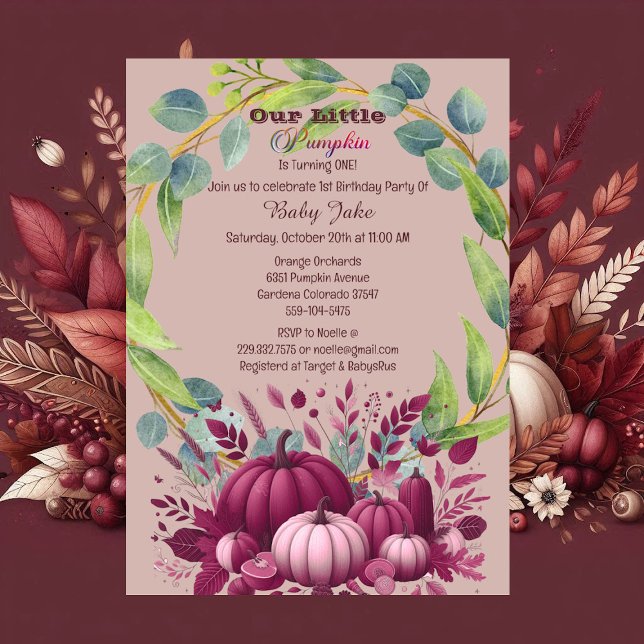 Vår lilla Pumpkin-Lila 1:a födelsedag Inbjudningar (Our Little Pumpkin Purple 1st Birthday Fall Wreath Invitation)
