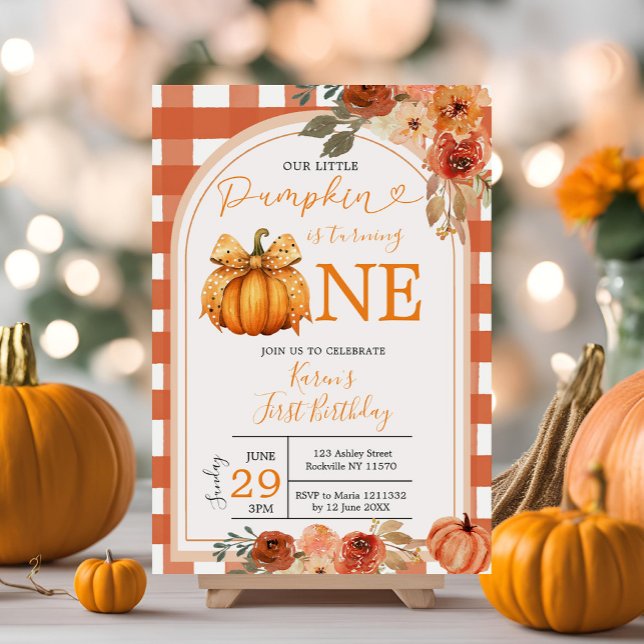 Vår lilla Pumpkin-Orange Gingham 1:a födelsedag Inbjudningar (Skapare uppladdad)