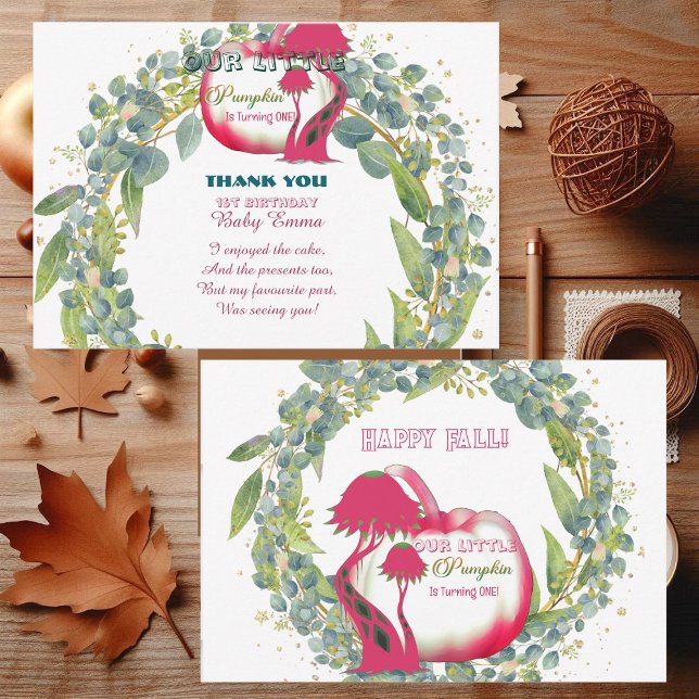 Vår lilla Pumpkin-Rosa 1:a födelsedag Grönt andedr Tack Kort (Our Little Pumpkin Pink 1st Birthday Green Wreath Thank You Card)