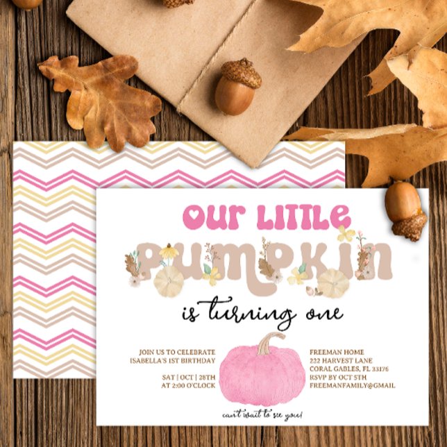 Vår lilla Pumpkin Rosa Birthday-inbjudan Inbjudningar (Pink pumpkin fall birthday party invitation)
