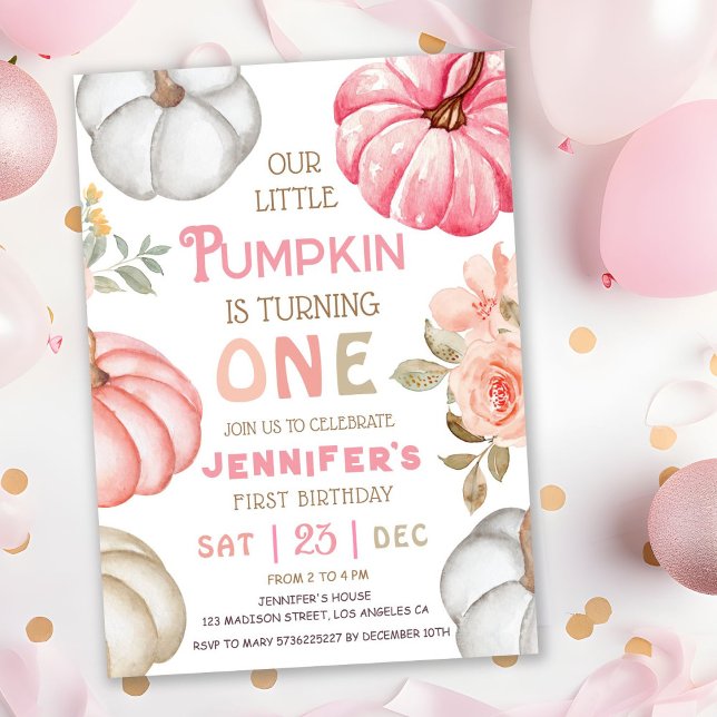 Vår lilla Pumpkin | Rosa Bold Girl 1:a födelsedage Inbjudningar (Skapare uppladdad)