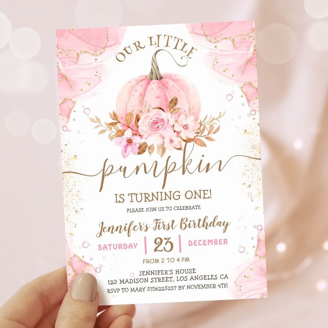 Vår lilla Pumpkin | Rosa Guld Girl 1:a födelsedage Inbjudningar (Skapare uppladdad)