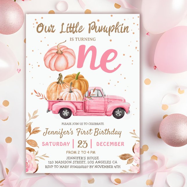 Vår lilla Pumpkin | Rosa Lastbil Girl 1:a födelsed Inbjudningar (Skapare uppladdad)