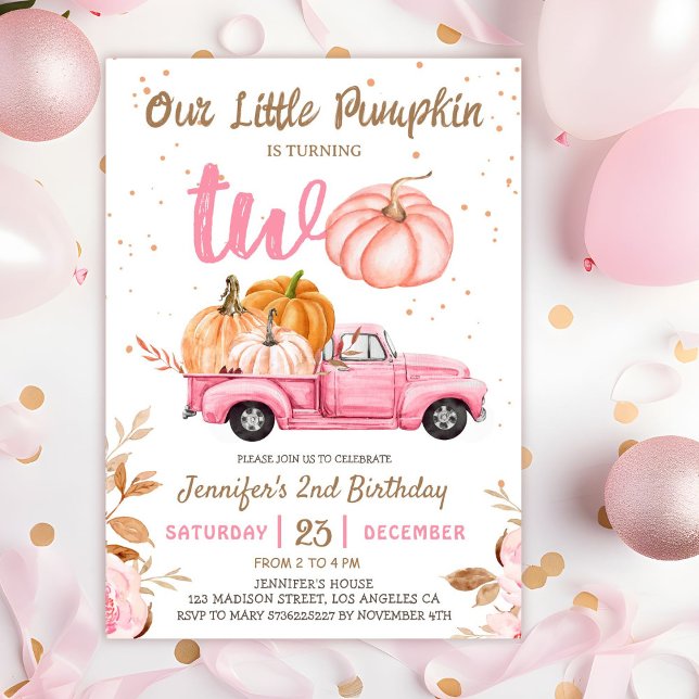 Vår lilla Pumpkin | Rosa Lastbil Girl 2 nd Birthda Inbjudningar (Skapare uppladdad)
