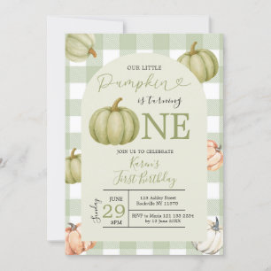Vår lilla Pumpkin Sage Gingham 1:a födelsedag Inbjudningar