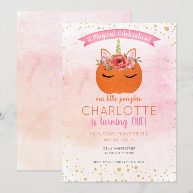 Vår lilla Pumpkin Unicorn Magic Birthday Inbjudningar (Fram/baksida)