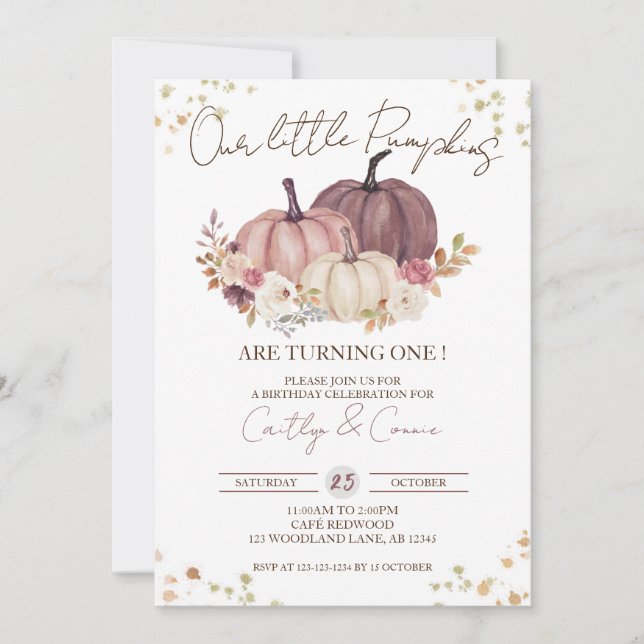 Vår lilla pumpkins första födelsedag, Twin Girls 1 Inbjudningar (Framsida)