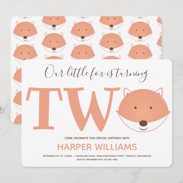 Vår lilla räv vänder två sekunder Barns födelsedag Inbjudningar (Fram/baksida)