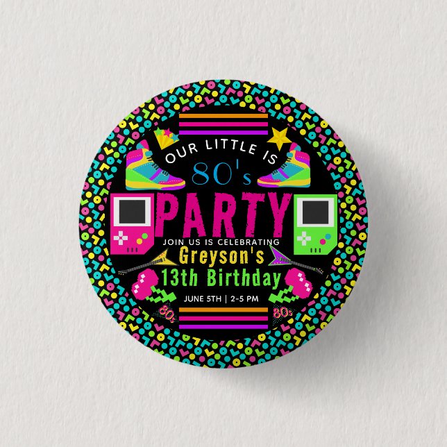 vår lilla Retro Neon 80:e Födelsedagsfesten Knapp (Framsida)