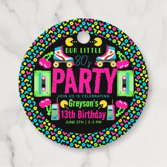 vår lilla Retro Neon 80-Födelsedagsfest Gåvor Etiketter (Framsida)