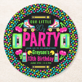vår lilla Retro Neon 80-Födelsedagsfest Underlägg Papper Rund