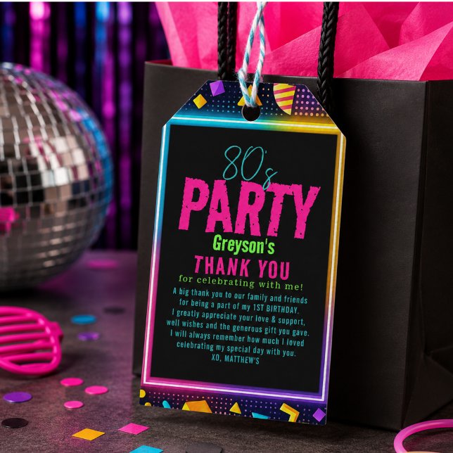 vår lilla Retro Neon 80-tals födelsedagsbarns-fest Presentetikett (our little Retro Neon 80's Birthday Child Party Gift Tags)