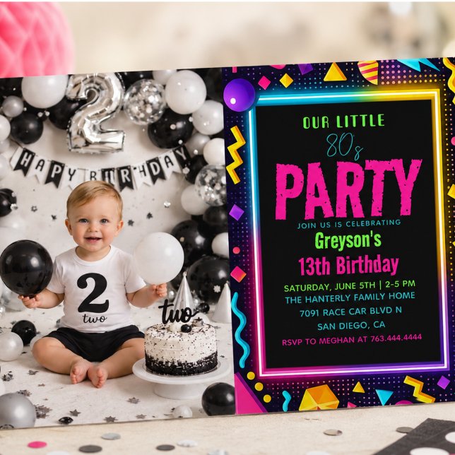 vår lilla Retro Neon 80-tals födelsedagsfest foto Inbjudningar (our little Retro Neon 80's Birthday Party photo Invitation)