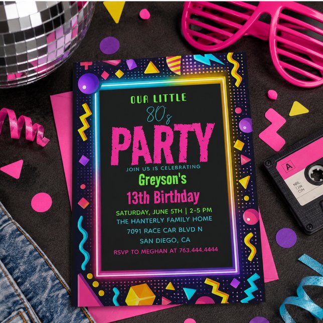 vår lilla Retro Neon 80-tals Födelsedagsfest Inbjudningar (our little Retro Neon 80's Birthday Party Invitation)
