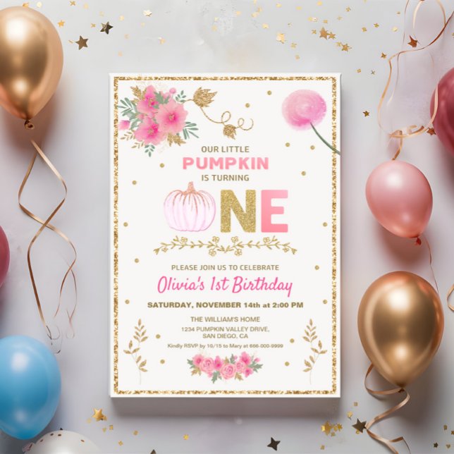 Vår lilla rosa & guld pumpa 1-års födelsedagsfest inbjudningar (Our little pumpkin girl pink & gold 1st birthday party invitation)