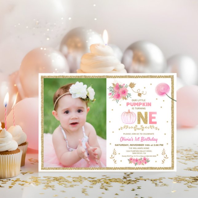 Vår lilla rosa & guld pumpa 1-års födelsedagsfest inbjudningar (Our Little Pumpkin Pink Girl 1st Birthday Invitation)