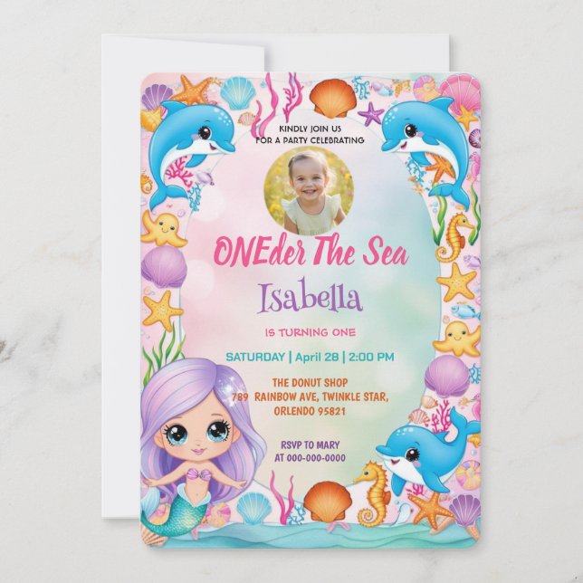 vår lilla sjöjungfru 1:a fotosommarfödelsedag inbjudningar (Framsida)
