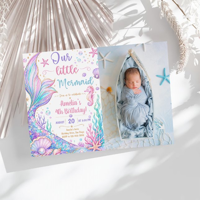 Vår lilla sjöjungfru 4-års födelsedagsfest för sjö inbjudningar (Skapare uppladdad)