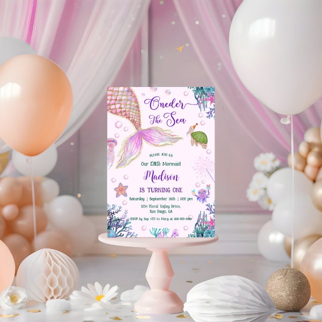 Vår lilla Sjöjungfru Oneder Sea 1:a födelsedag Inbjudningar (Oneder the sea 1st birthday party invitation)