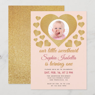 Vår lilla skatt Guld Rosa Foto 1-årsdag Inbjudningar