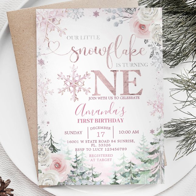 Vår lilla snöflake Pastel Rosa Flowers Birthday Inbjudningar (Skapare uppladdad)