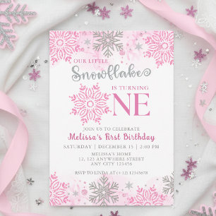 Vår lilla snöflammande Rosa Silver Winter Birthday Inbjudningar