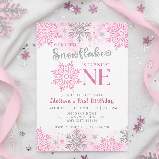Vår lilla snöflammande Rosa Silver Winter Birthday Inbjudningar (Skapare uppladdad)