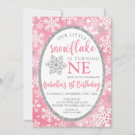 VÅR LILLA SNOWFLAKE-ROSA FÖRSTA BIRTHDAG INBJUDNINGAR