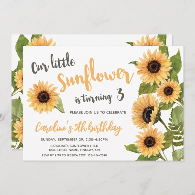 Vår lilla solros, vattenfärg vilken ålder som hels inbjudningar (Fram/baksida)