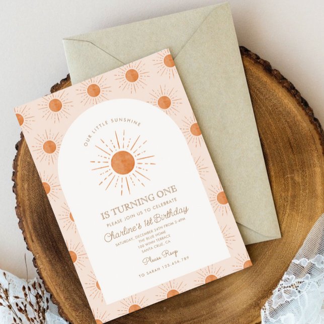 Vår lilla solskenare Sol Retro minimalt 1:a födels Inbjudningar (Skapare uppladdad)